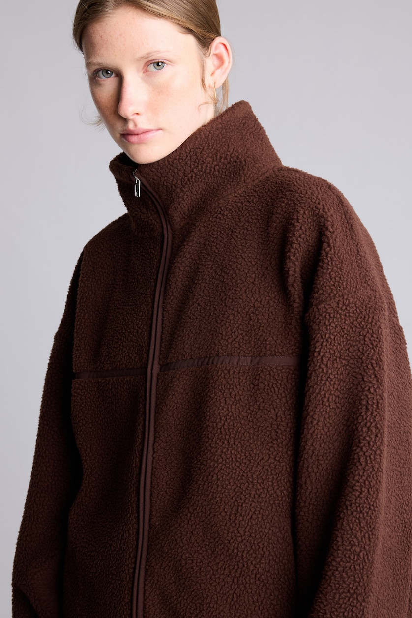 WOMAN Brown Oversize Mock Neck Welsoft Plush Cardigan