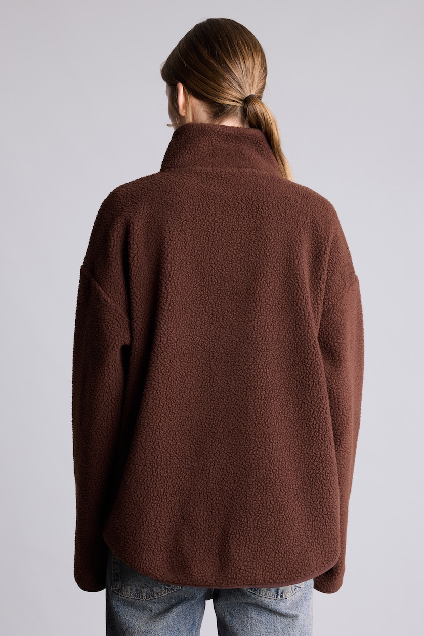 WOMAN Brown Oversize Mock Neck Welsoft Plush Cardigan
