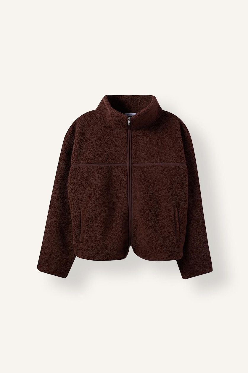 WOMAN Brown Oversize Mock Neck Welsoft Plush Cardigan
