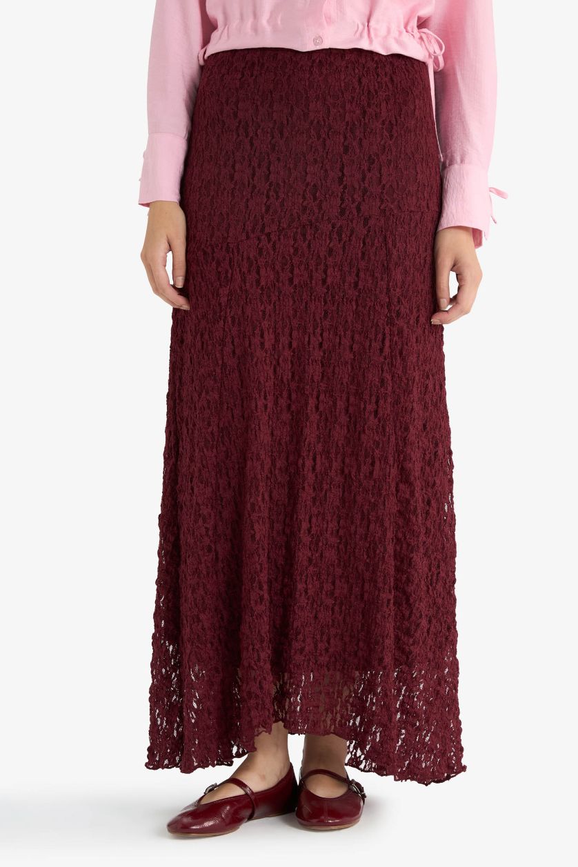 Woman Bordeaux A Cut Lace Maxi Skirt