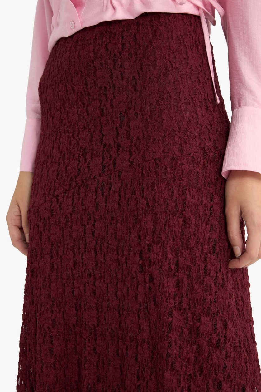 Woman Bordeaux A Cut Lace Maxi Skirt