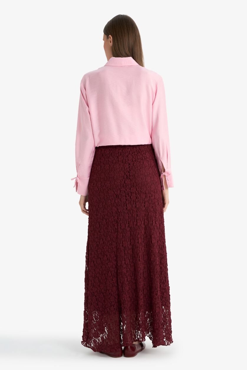 Woman Bordeaux A Cut Lace Maxi Skirt