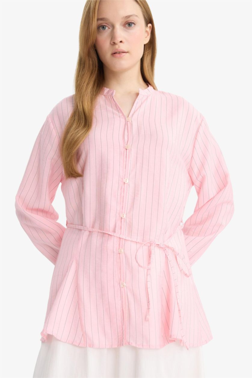 Kadın Açık Pembe Relax Fit Çizgili Bağlamalı Uzun Kollu Gömlek Tunik