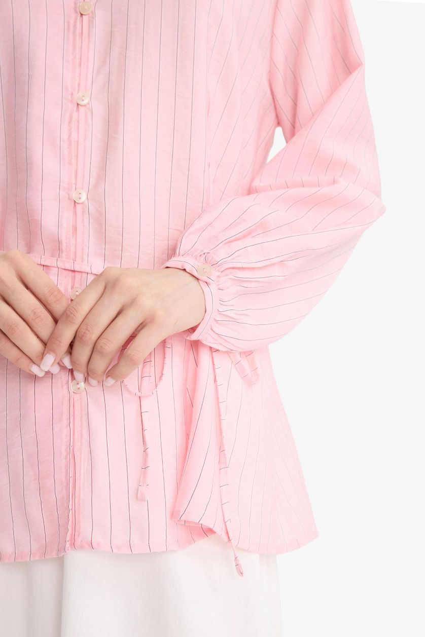 Kadın Açık Pembe Relax Fit Çizgili Bağlamalı Uzun Kollu Gömlek Tunik