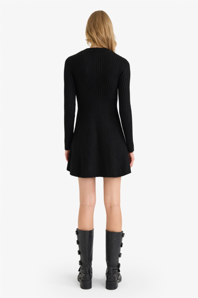 Женщины Черный Трикотажное платье А-силуэта с круглым вырезом и длинным рукавом
