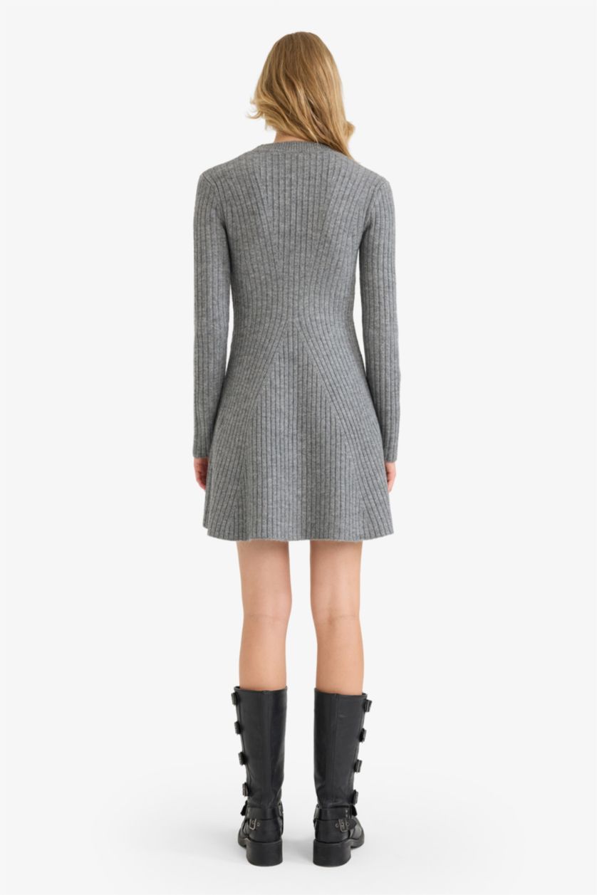 Женщины Светло-серый Трикотажное платье А-силуэта с круглым вырезом и длинным рукавом