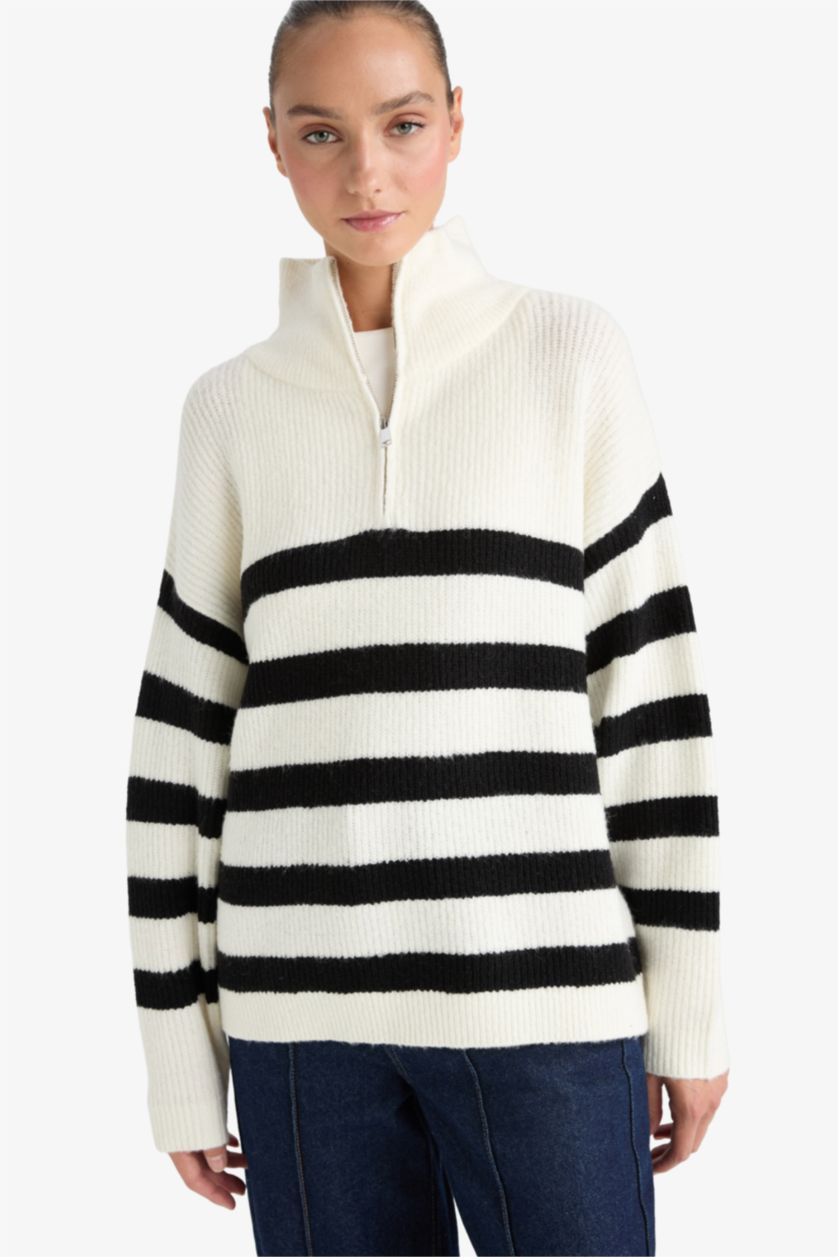 FEMME Écru Pull tricot demi-zippé Coupe décontractée