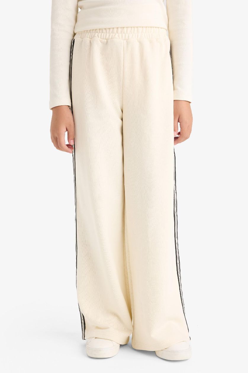 Kız Çocuk - Genç Kız Ekru Beli Lastikli Wide Leg Geniş Paça Eşofman Altı Kız Çocuk