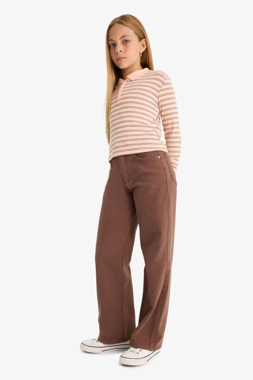 بناتي بني بنطلون بناتي وايد ليج جبردين برجل واسع