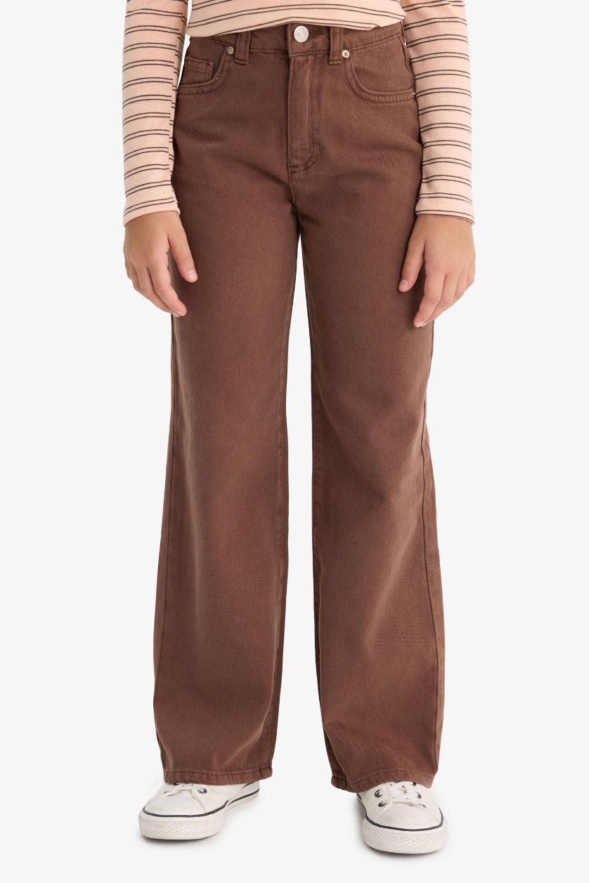 بناتي بني بنطلون بناتي وايد ليج جبردين برجل واسع