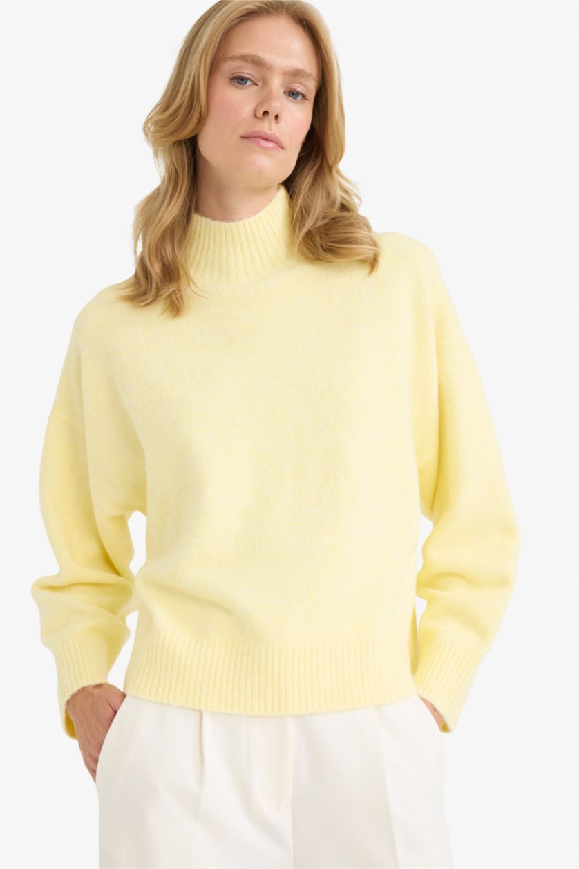 Әйелдерге Ашық Сары релакс пішімі ұзартылған жаға трикотаж Пулловер