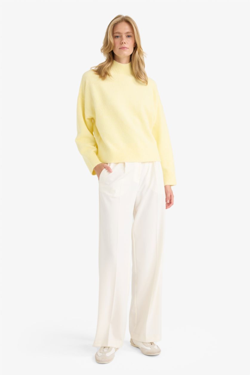 Әйелдерге Ашық Сары релакс пішімі ұзартылған жаға трикотаж Пулловер