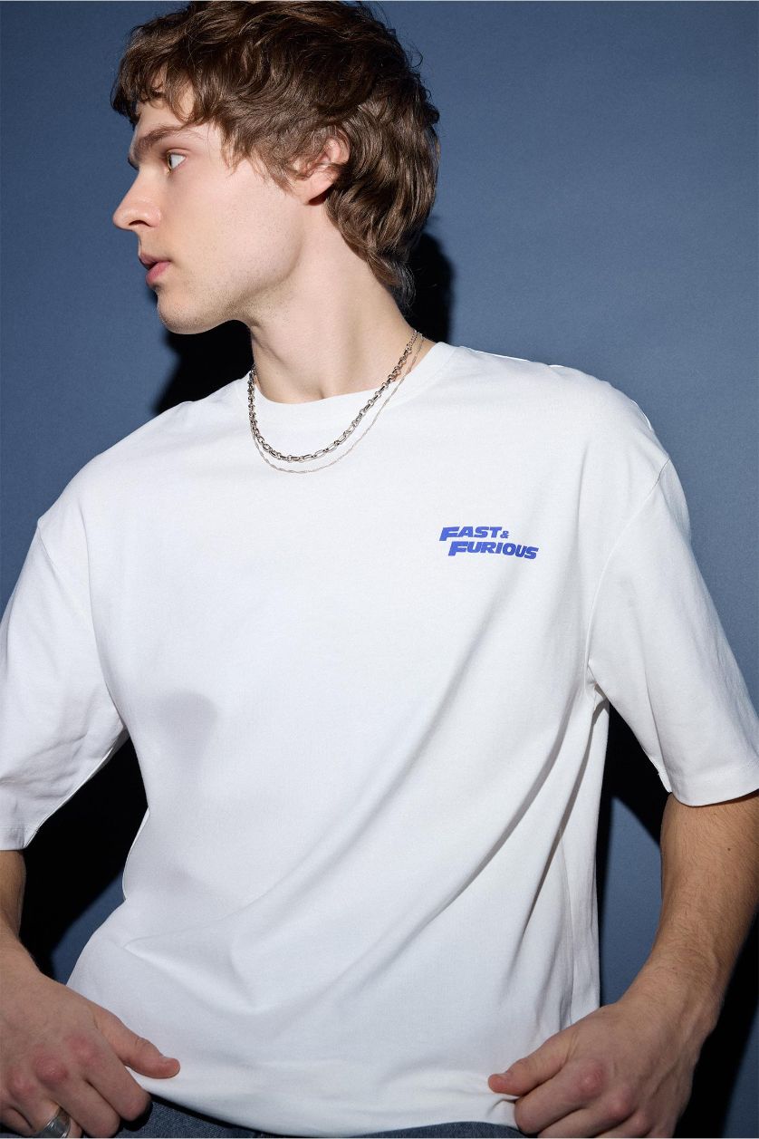 Erkek Ekru Fast & Furious Boxy Fıt Kısa Kollu Tişört