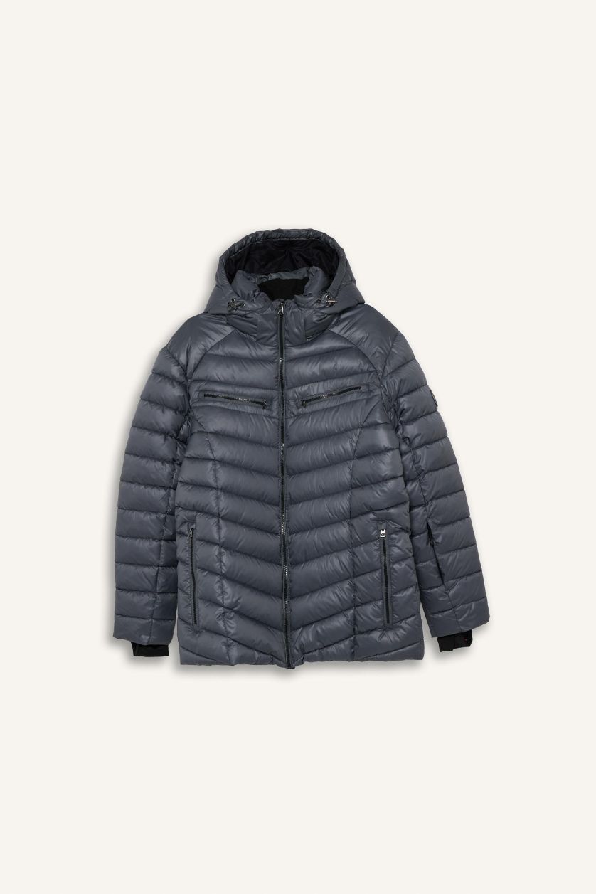 Erkek Gri Su İtici Regular Fit Kapüşonlu Fermuarlı Rüzgar Geçirmez Kayak Montu