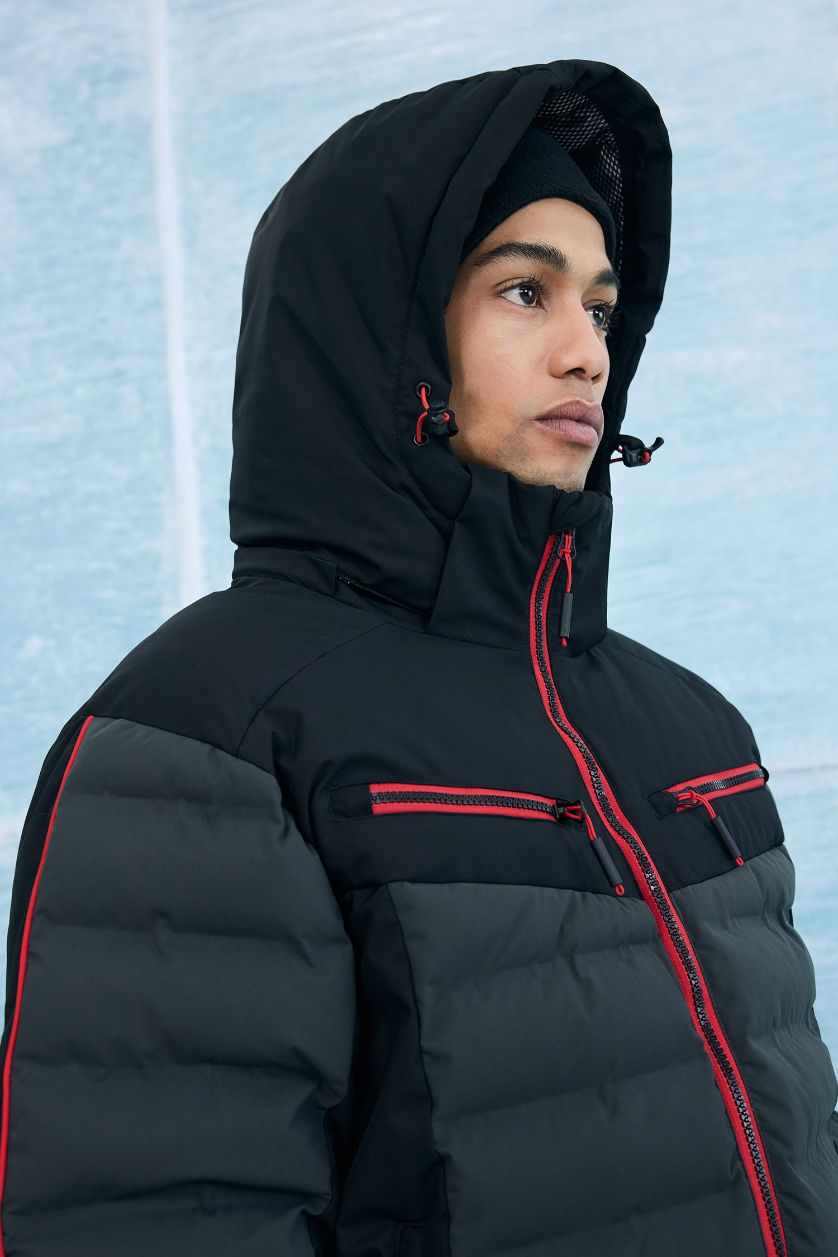 رجال أسود جاكيت تزلج مقاوم للماء قصة عادية بغطاء للرأس