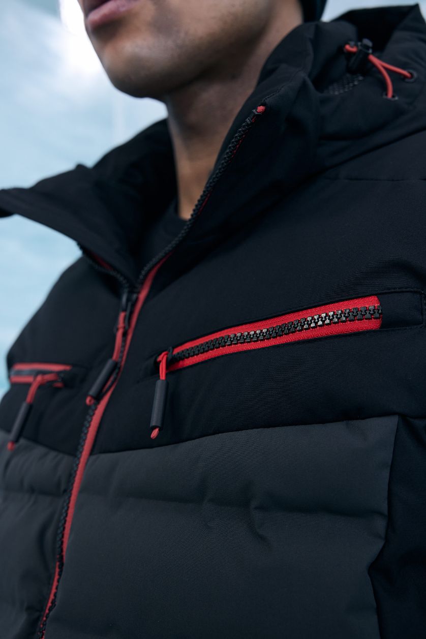 رجال أسود جاكيت تزلج مقاوم للماء قصة عادية بغطاء للرأس