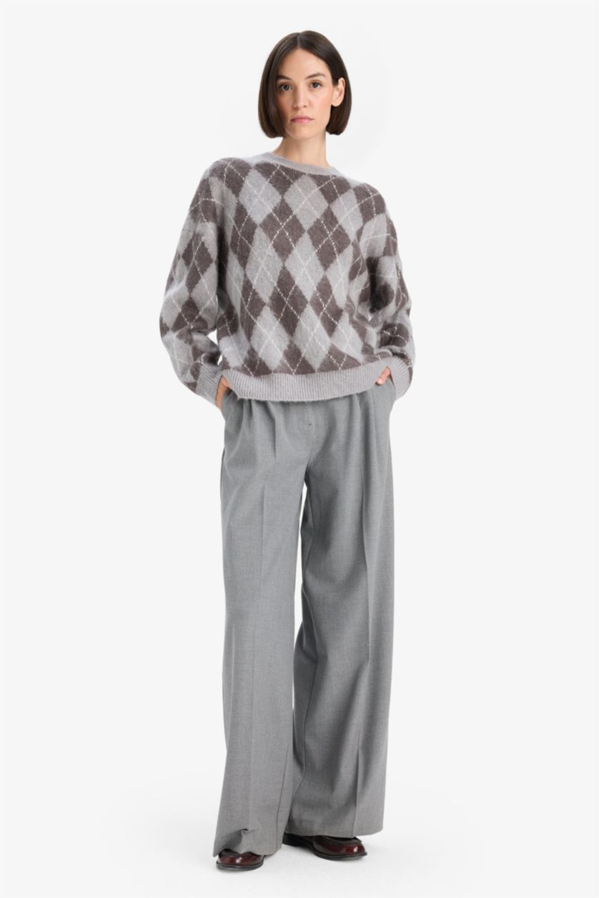 Әйелдерге Ашық сұр релакс пішімі дөңгелек жаға трикотаж Пулловер