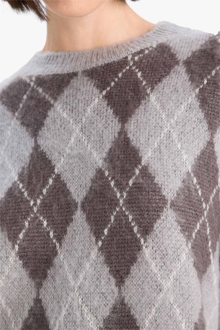 Әйелдерге Ашық сұр релакс пішімі дөңгелек жаға трикотаж Пулловер