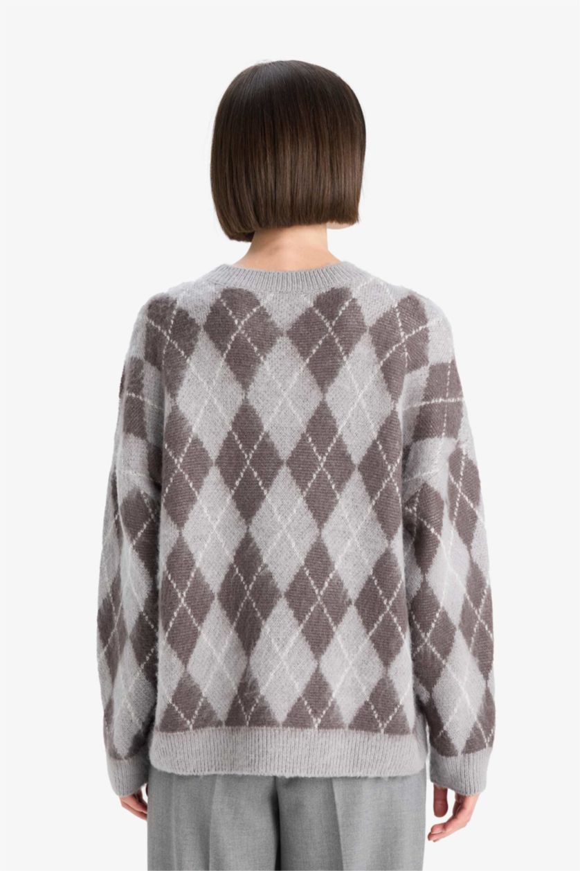 Әйелдерге Ашық сұр релакс пішімі дөңгелек жаға трикотаж Пулловер