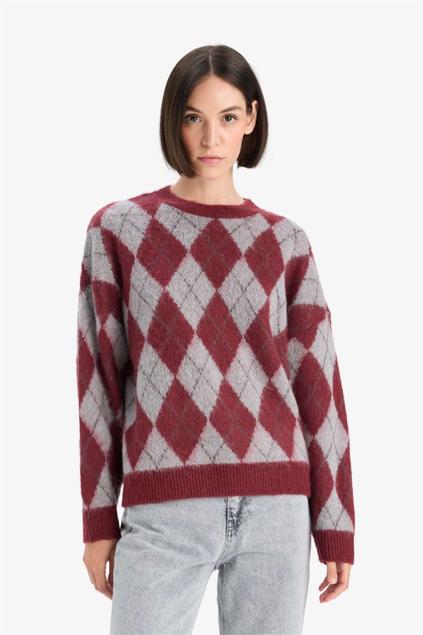 Женщины Красный Трикотажный свитер с круглым вырезом Relax Fit