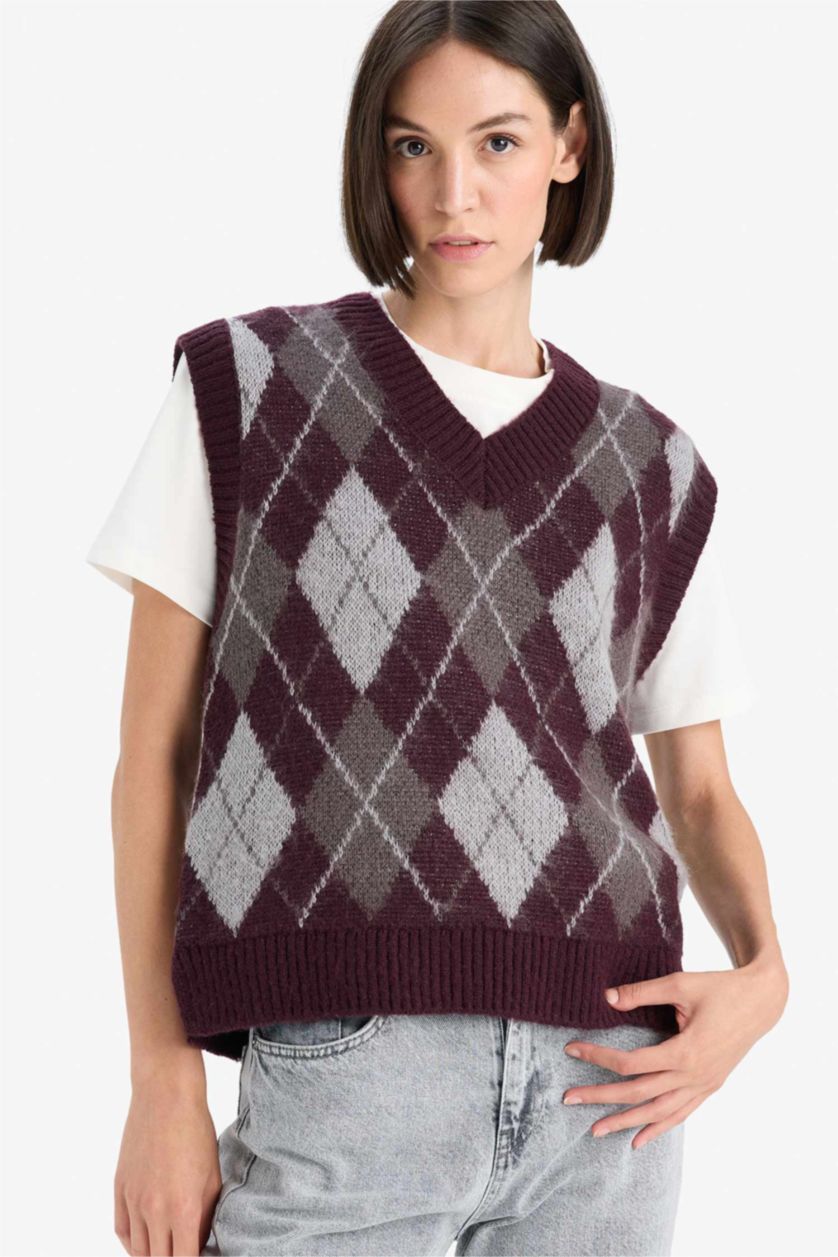 Әйелдерге Бордо релакс пішімі v жаға трикотаж Жилет