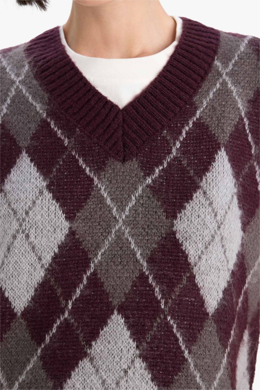 Әйелдерге Бордо релакс пішімі v жаға трикотаж Жилет