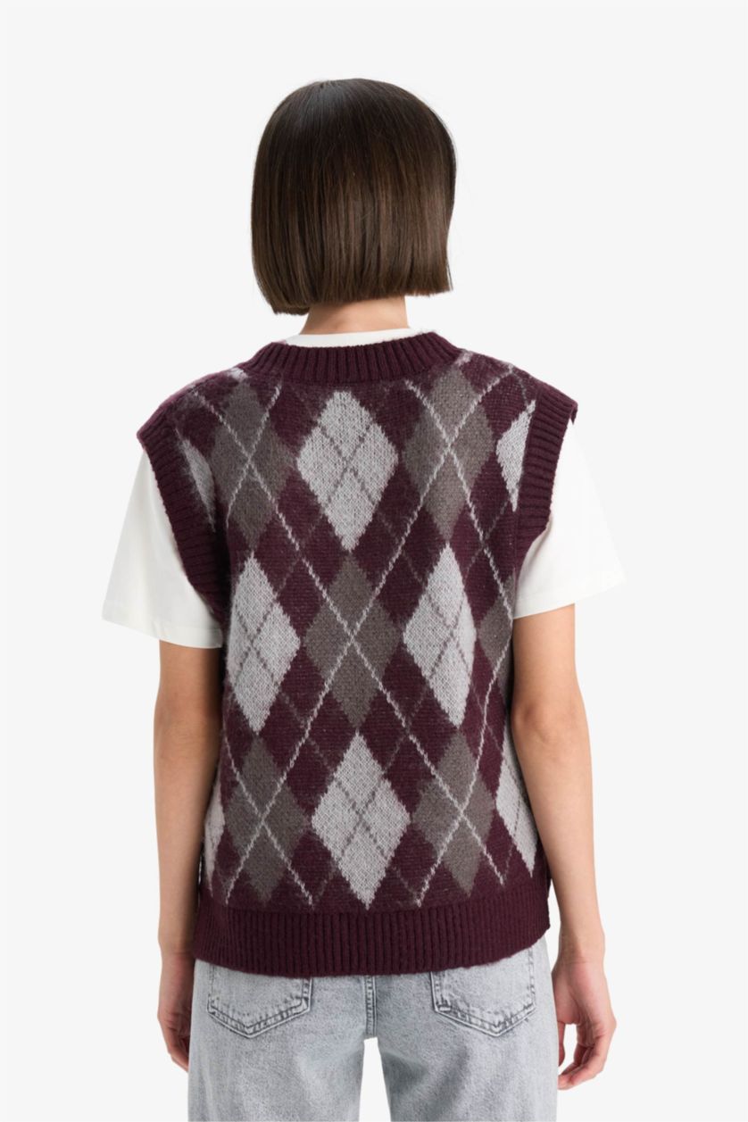 Әйелдерге Бордо релакс пішімі v жаға трикотаж Жилет