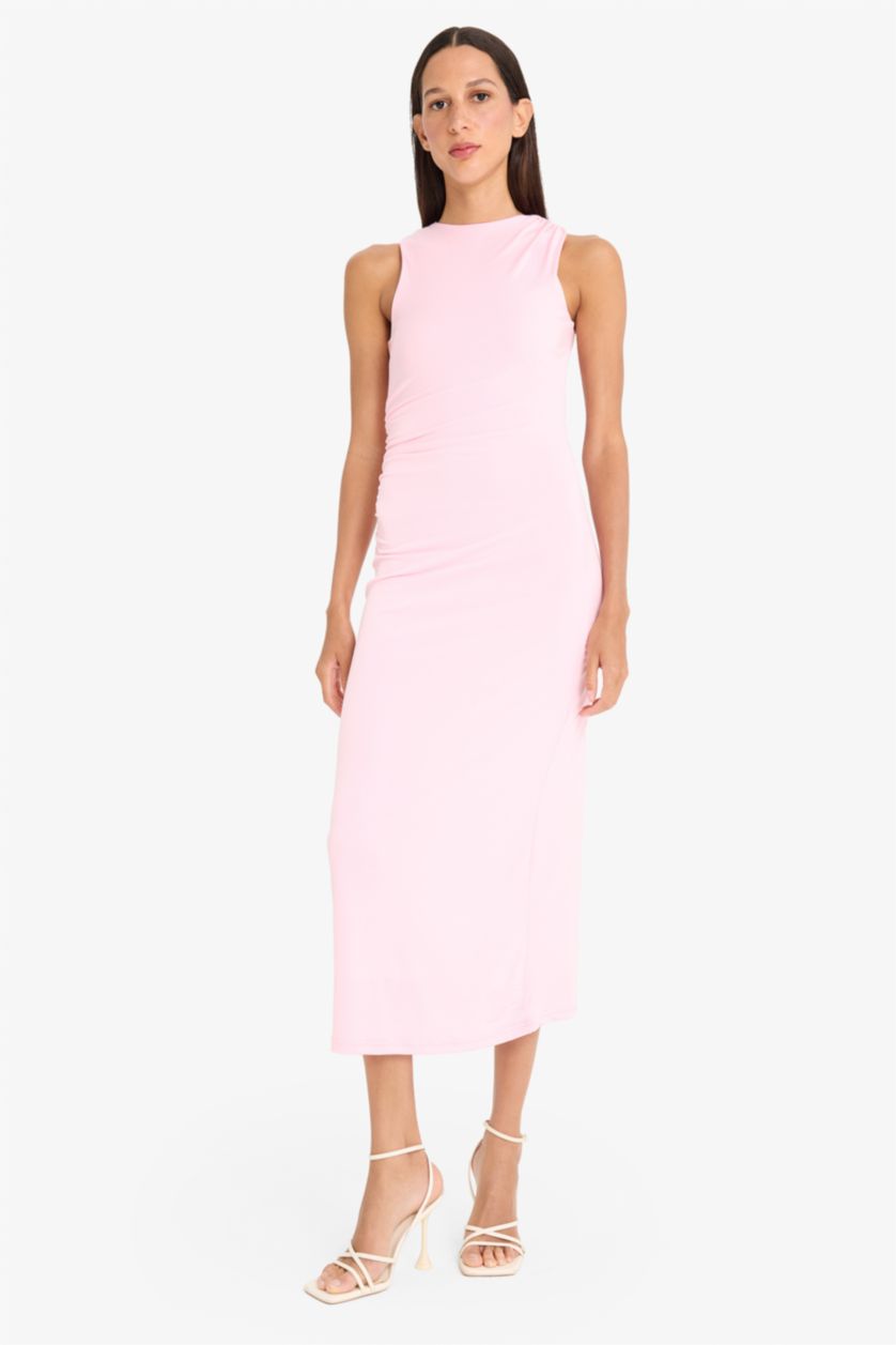 Kadın Pembe Bodycon Vücudu Saran Kayık Yaka Kısa Kollu Maxi Yazlık Elbise