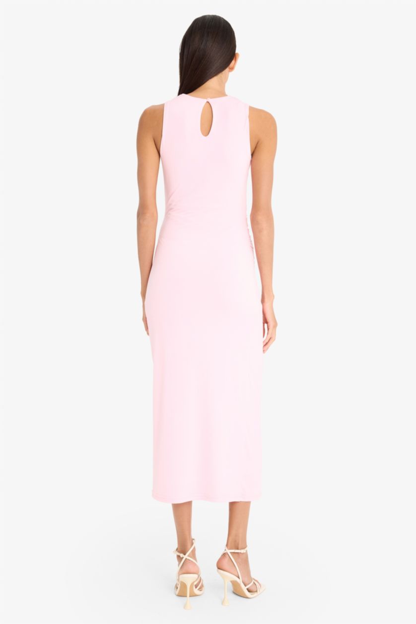 Kadın Pembe Bodycon Vücudu Saran Kayık Yaka Kısa Kollu Maxi Yazlık Elbise