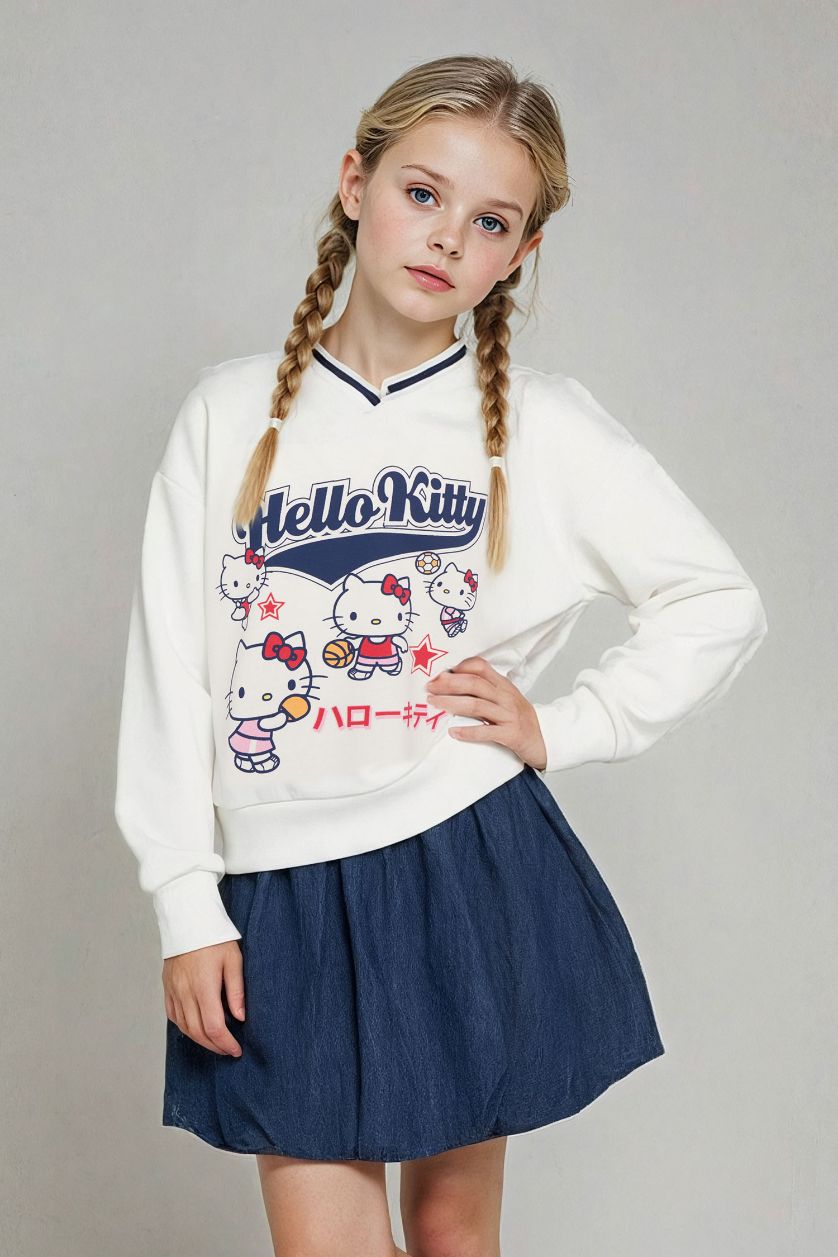FILLES Écru Sweatshirt Oversize Hello Kitty à col V pour fille