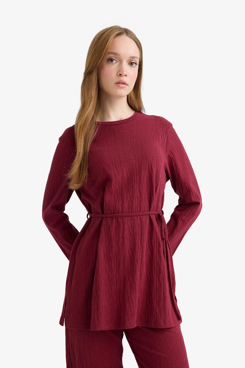 FEMME Bordeaux Tunique à col rond avec cordon à nouer et manches longues Coupe régulière