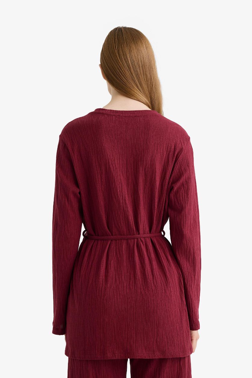 FEMME Bordeaux Tunique à col rond avec cordon à nouer et manches longues Coupe régulière