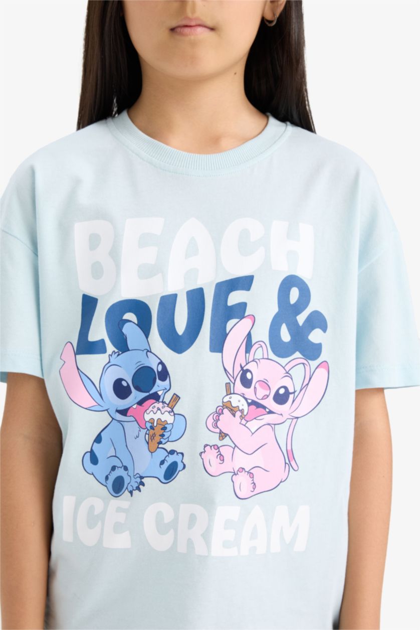 Kız Çocuk - Genç Kız Açık Mavi Disney Lilo & Stitch Relax Fit Bisiklet Yaka Kısa Kollu Tişört Kız Çocuk