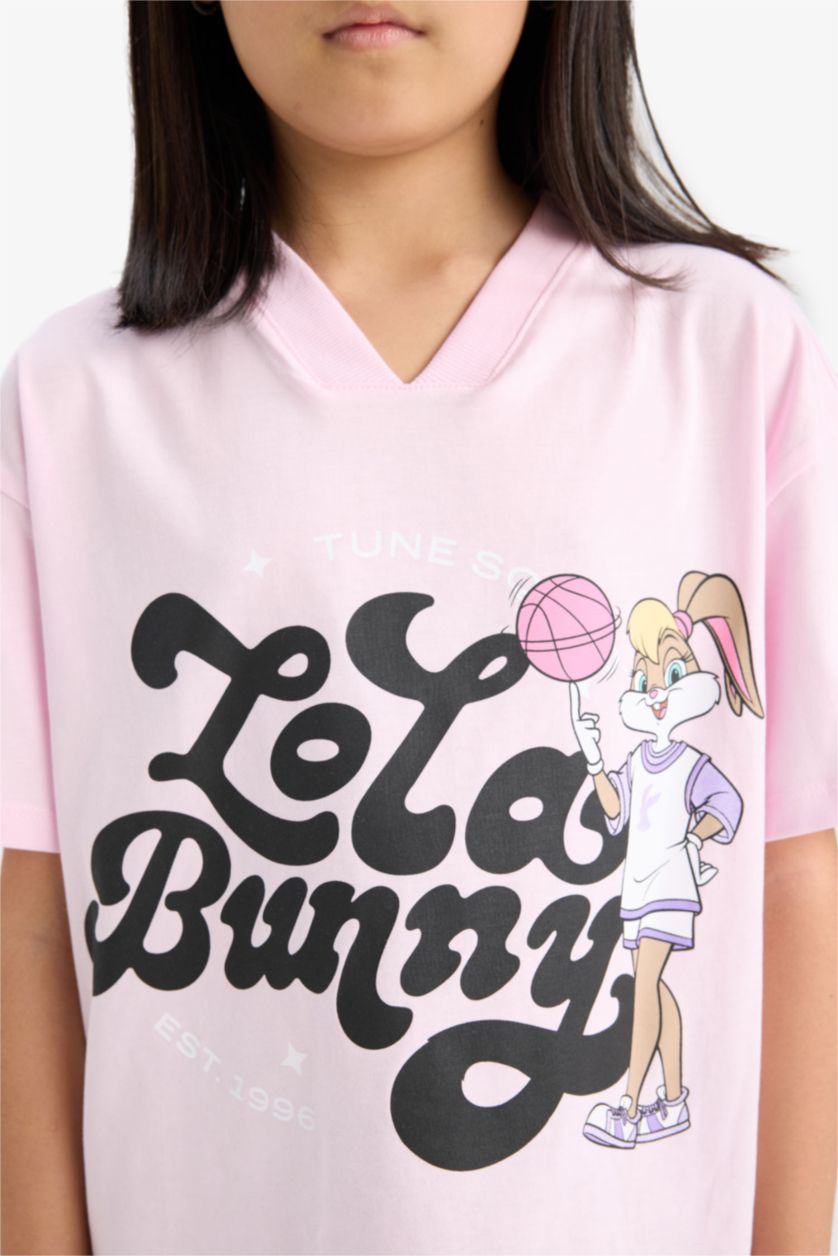 Kız Çocuk - Genç Kız Açık Pembe Looney Tunes Relax Fit V Yaka Kısa Kollu Tişört Kız Çocuk