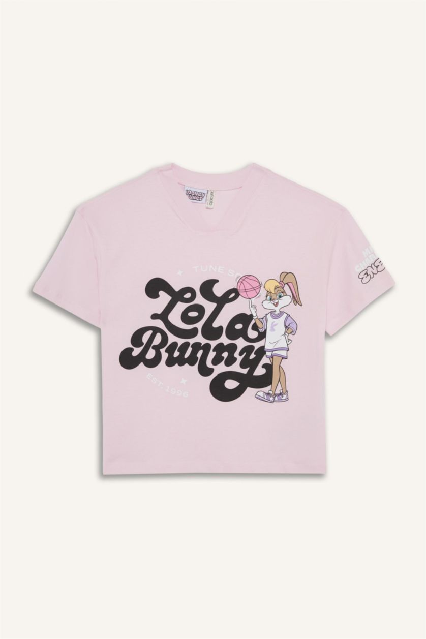 Kız Çocuk - Genç Kız Açık Pembe Looney Tunes Relax Fit V Yaka Kısa Kollu Tişört Kız Çocuk