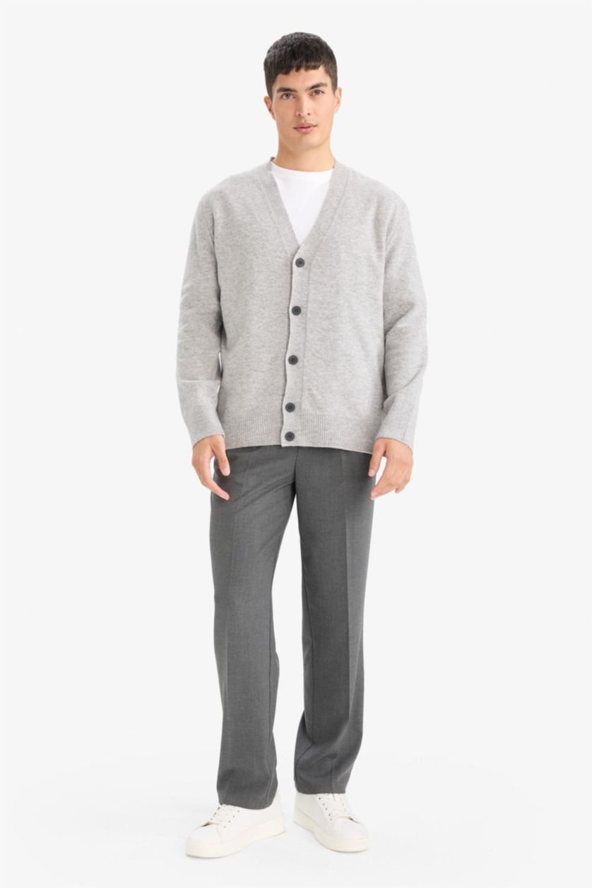 رجال ميلانج رمادي جاكيت تريكو قصة مريحة بياقة V