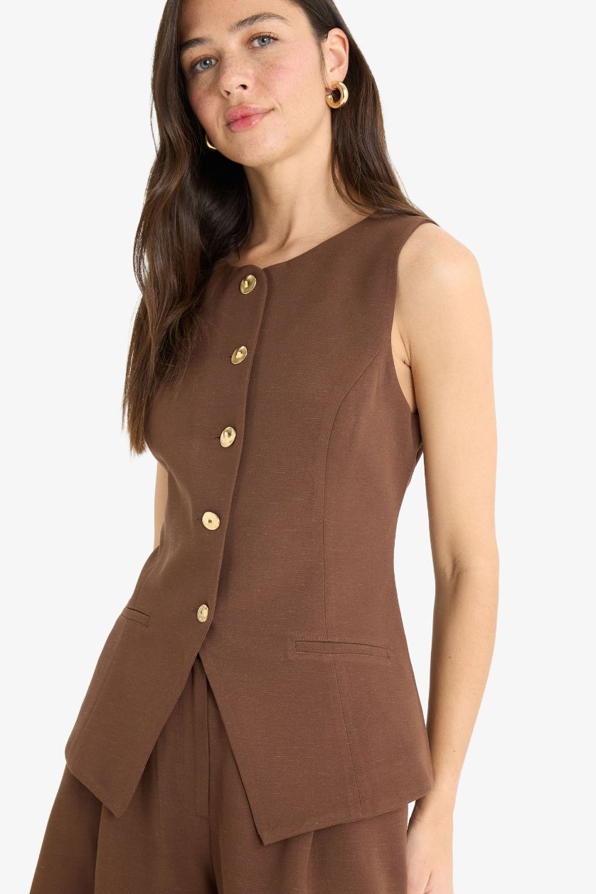 Kadın Kahve Fitted Bisiklet Yaka Keten Karışımlı Blazer Yelek