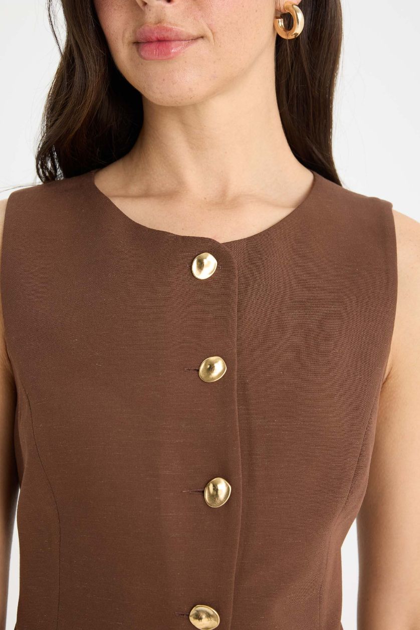 Kadın Kahve Fitted Bisiklet Yaka Keten Karışımlı Blazer Yelek