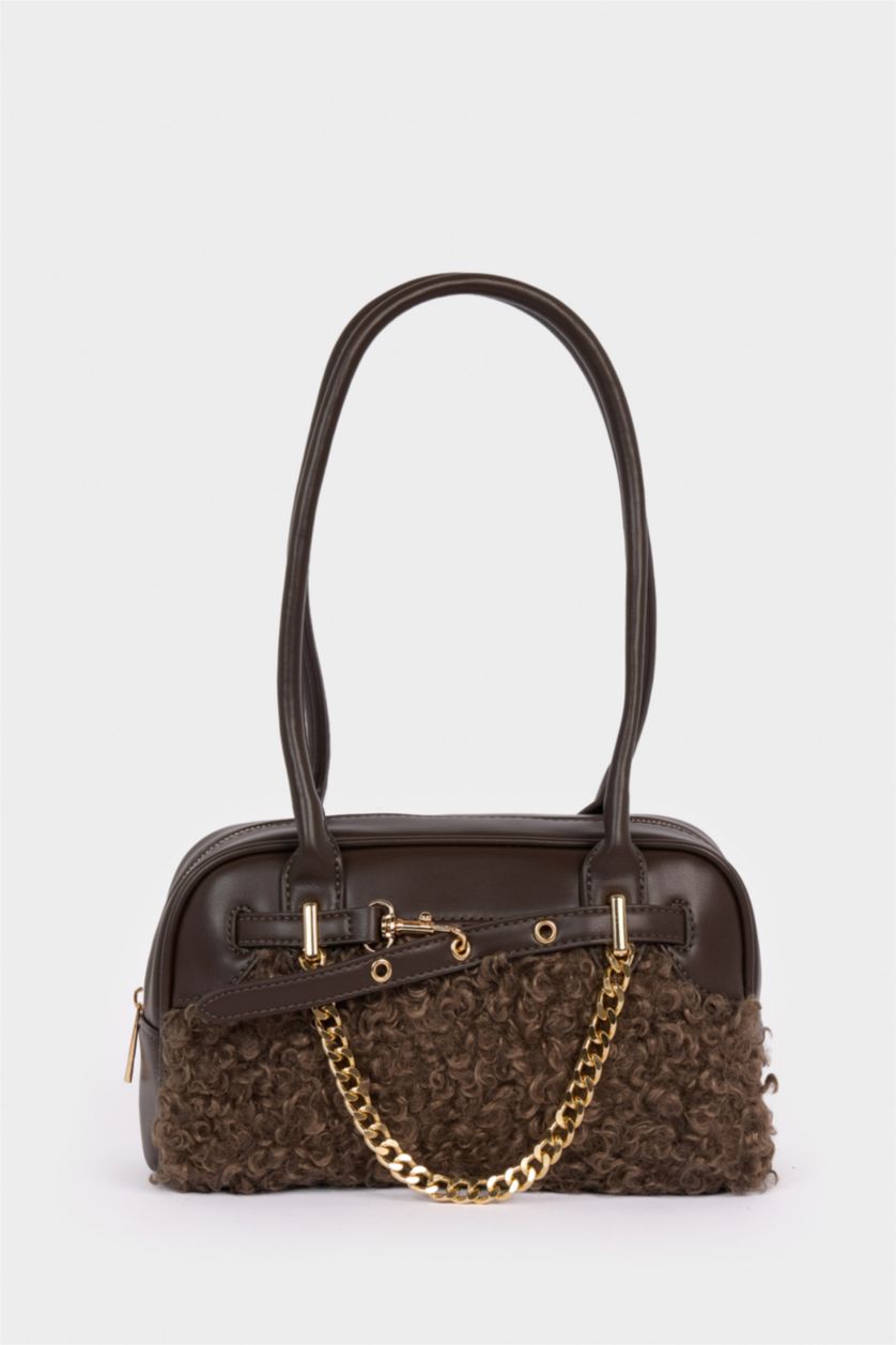 Kadın Koyu Kahve Kadın Pelüş Detaylı Suni Deri Çapraz Çanta 