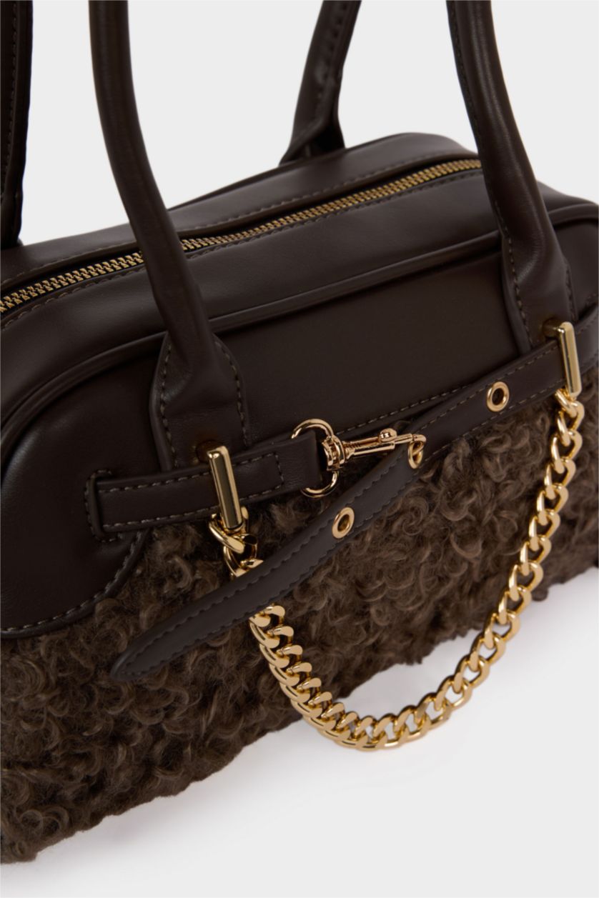 Kadın Koyu Kahve Kadın Pelüş Detaylı Suni Deri Çapraz Çanta 