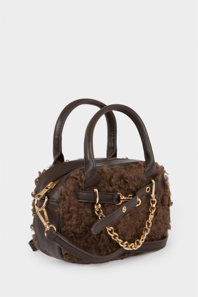 Kadın Koyu Kahve Kadın Pelüş Detaylı Suni Deri Çapraz Çanta