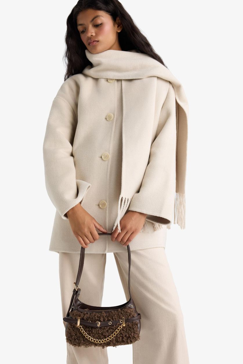 Kadın Koyu Kahve Kadın Pelüş Detaylı Suni Deri Çapraz Çanta