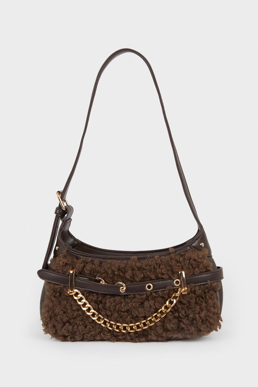 Kadın Koyu Kahve Kadın Pelüş Detaylı Suni Deri Çapraz Çanta