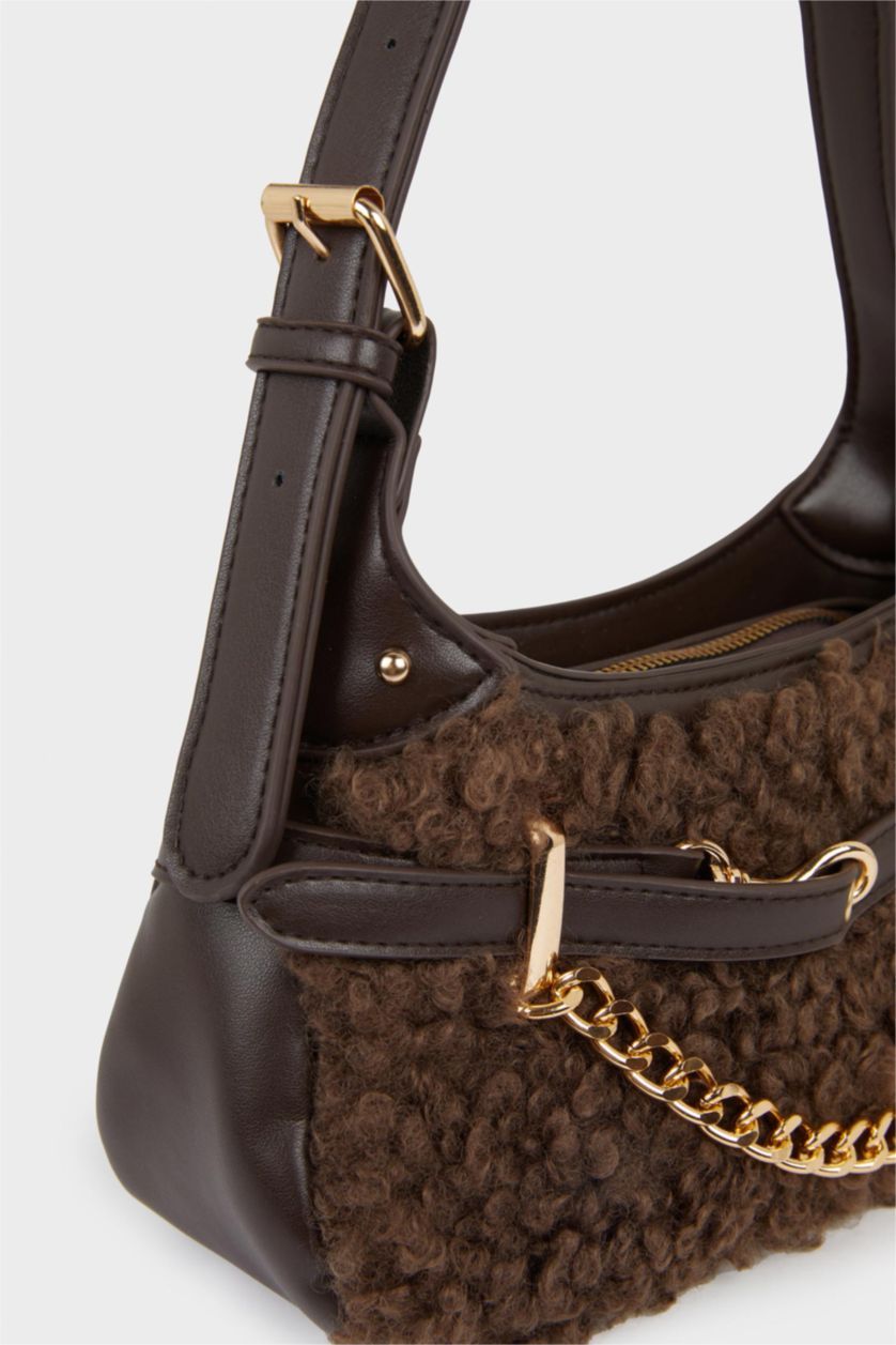 Kadın Koyu Kahve Kadın Pelüş Detaylı Suni Deri Çapraz Çanta