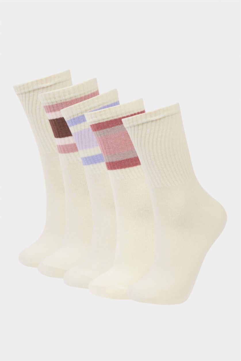 نساء أبيض جوارب قطن نسائية طويلة - 5 قطع