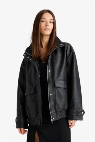 Kadın Siyah Afra x DeFacto Dad Fit Fermuarlı Suni Deri Mont