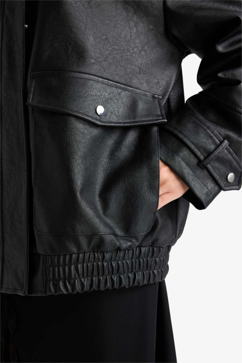 Women Black Faux Leather Jacket