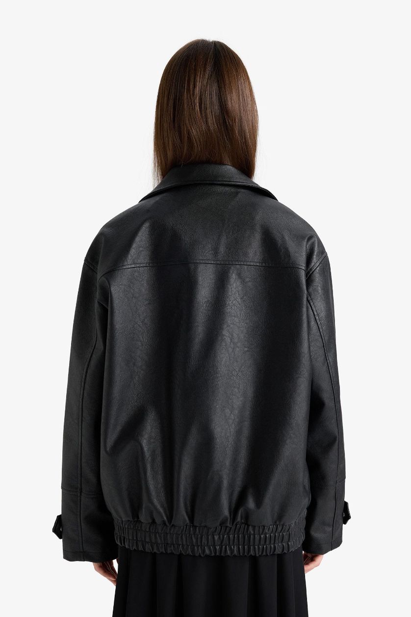 Kadın Siyah Afra x DeFacto Dad Fit Fermuarlı Suni Deri Mont