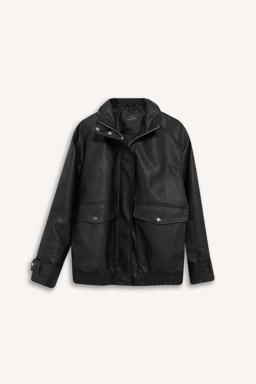 Kadın Siyah Afra x DeFacto Dad Fit Fermuarlı Suni Deri Mont