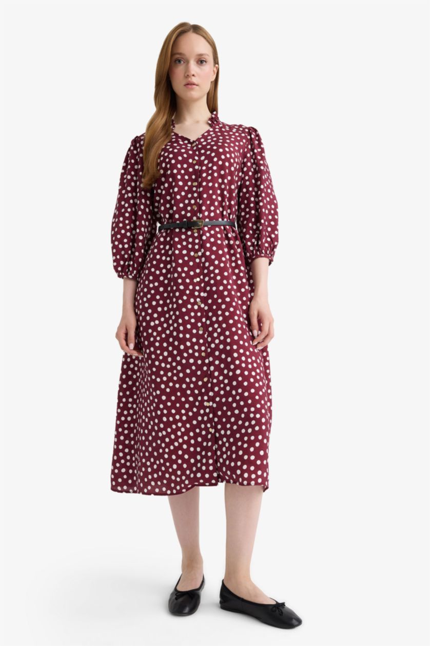 Woman Bordeaux Relax Fit V-Neck Polka Dot Half Sleeve Dress